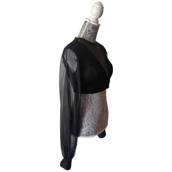 VINTAGE Frederick’s of Hollywood Sheer Panel Crop Blouse Black - Picture 2 of 9